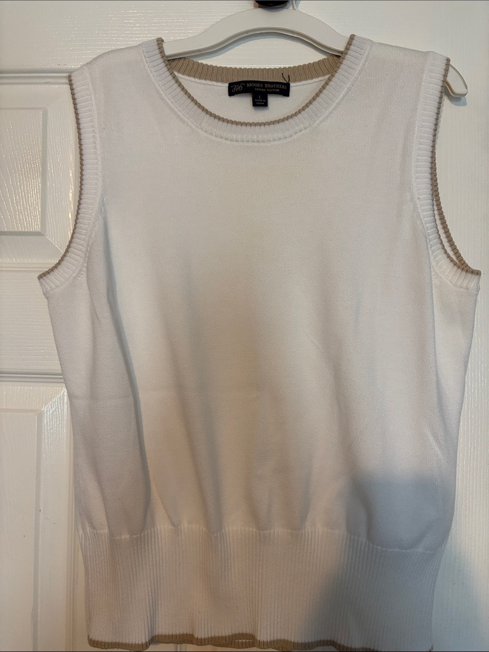 Brooks Brothers White Sleeveless Cotton Vest with Tan Trim
